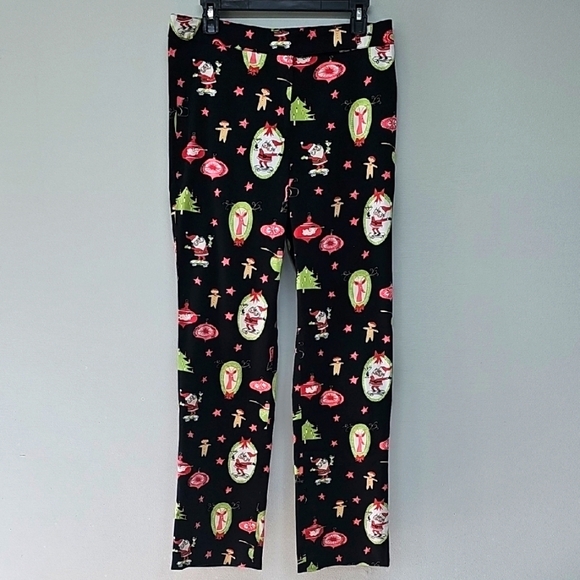 itw Brand Straight Leg Kitsch Christmas Pants, Vtg Inspired Print Blk Pink Green - Picture 2 of 9
